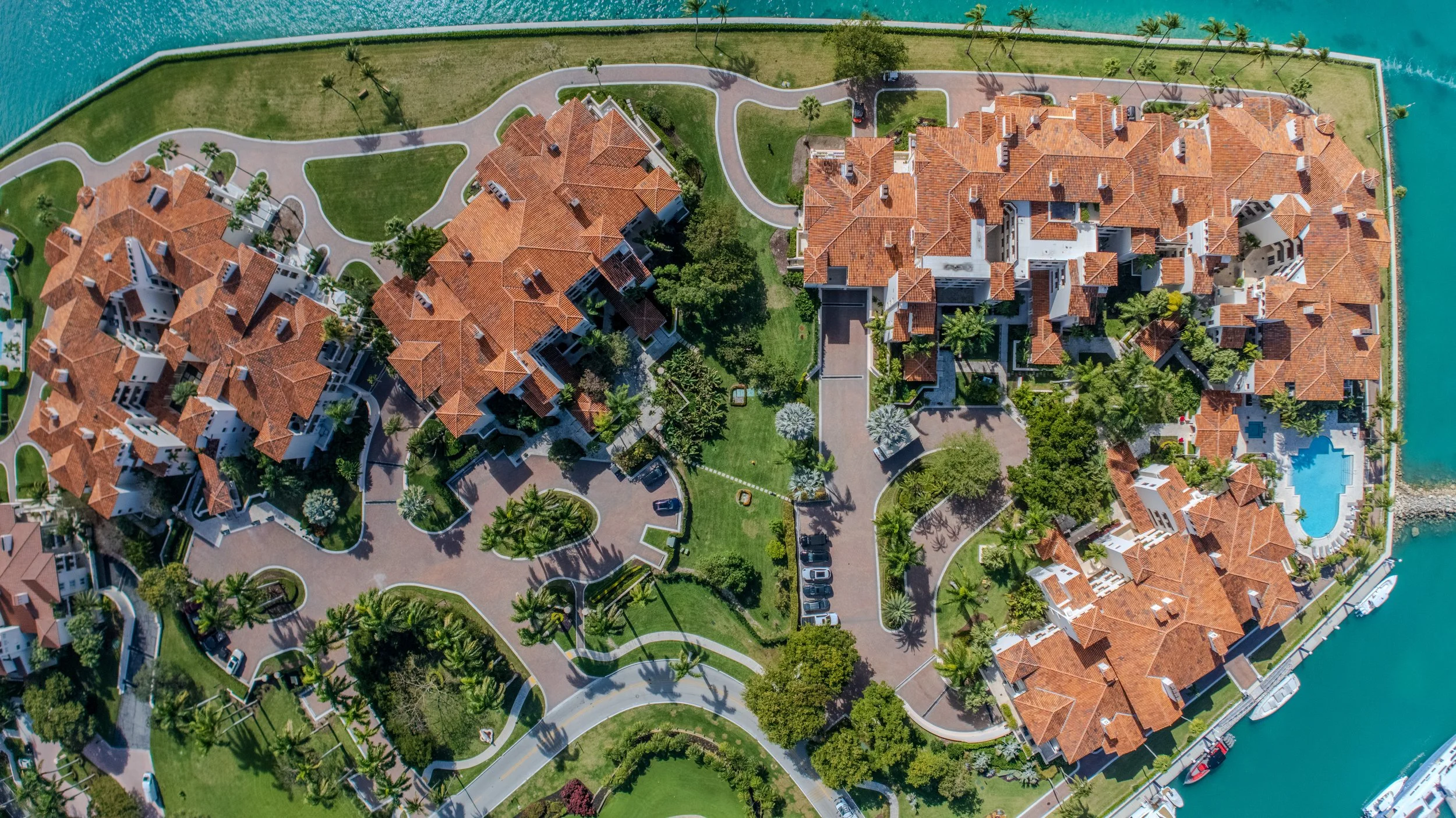 Aerial photography of Fisher Island and Miami waterfront for commercial visual media in South Florida