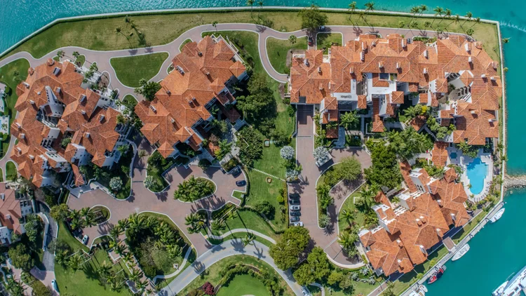 Aerial photography of Fisher Island and Miami waterfront for commercial visual media in South Florida