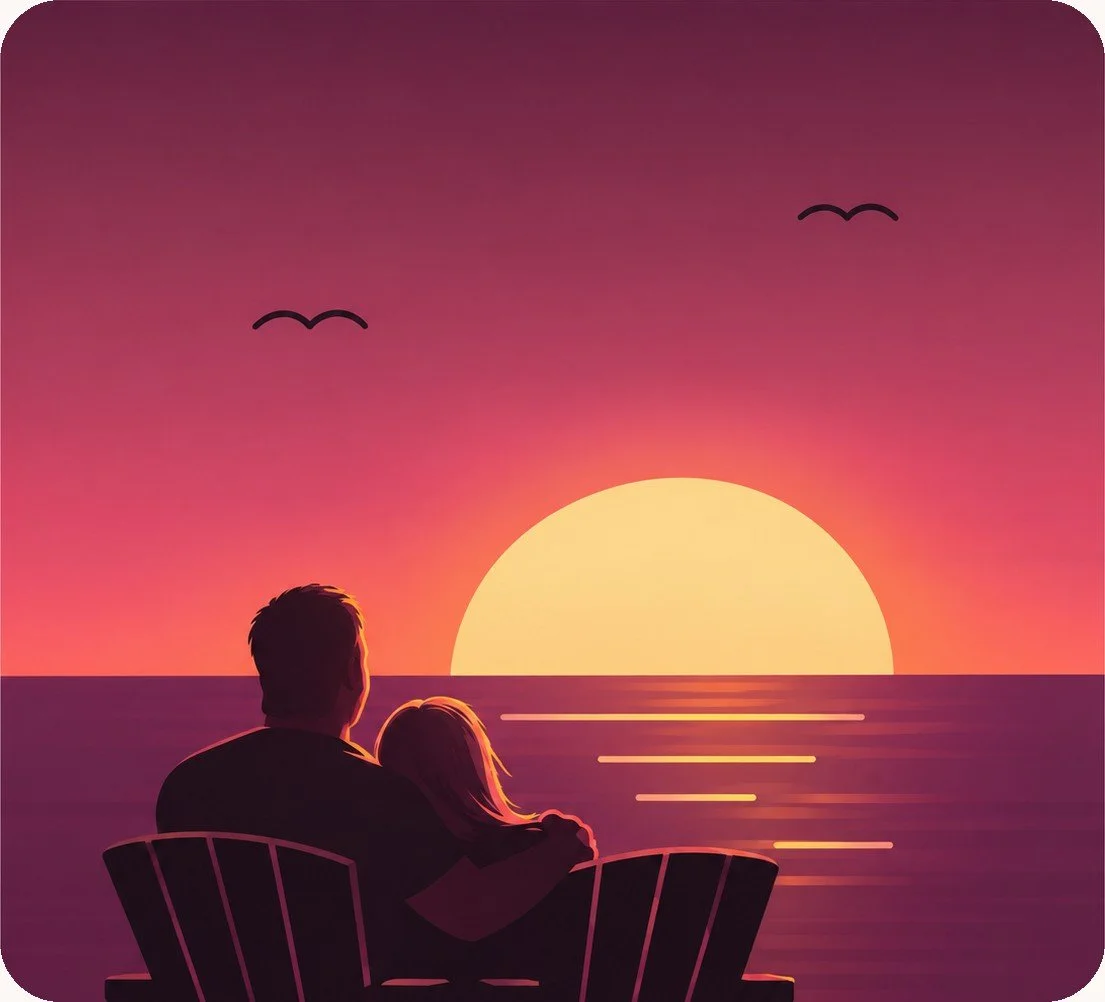 A couple sitting close together in beach chairs, watching the sun set over the water