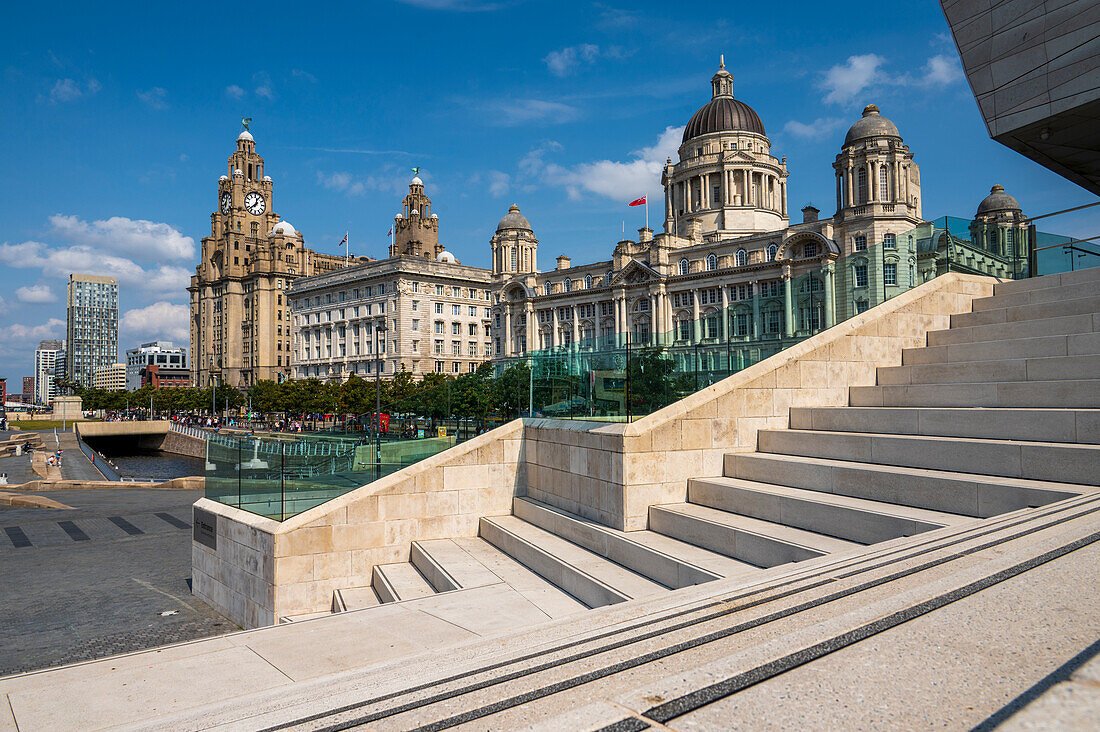 Liverpool — the Three Graces on the waterfront or Albert Dock at dusk