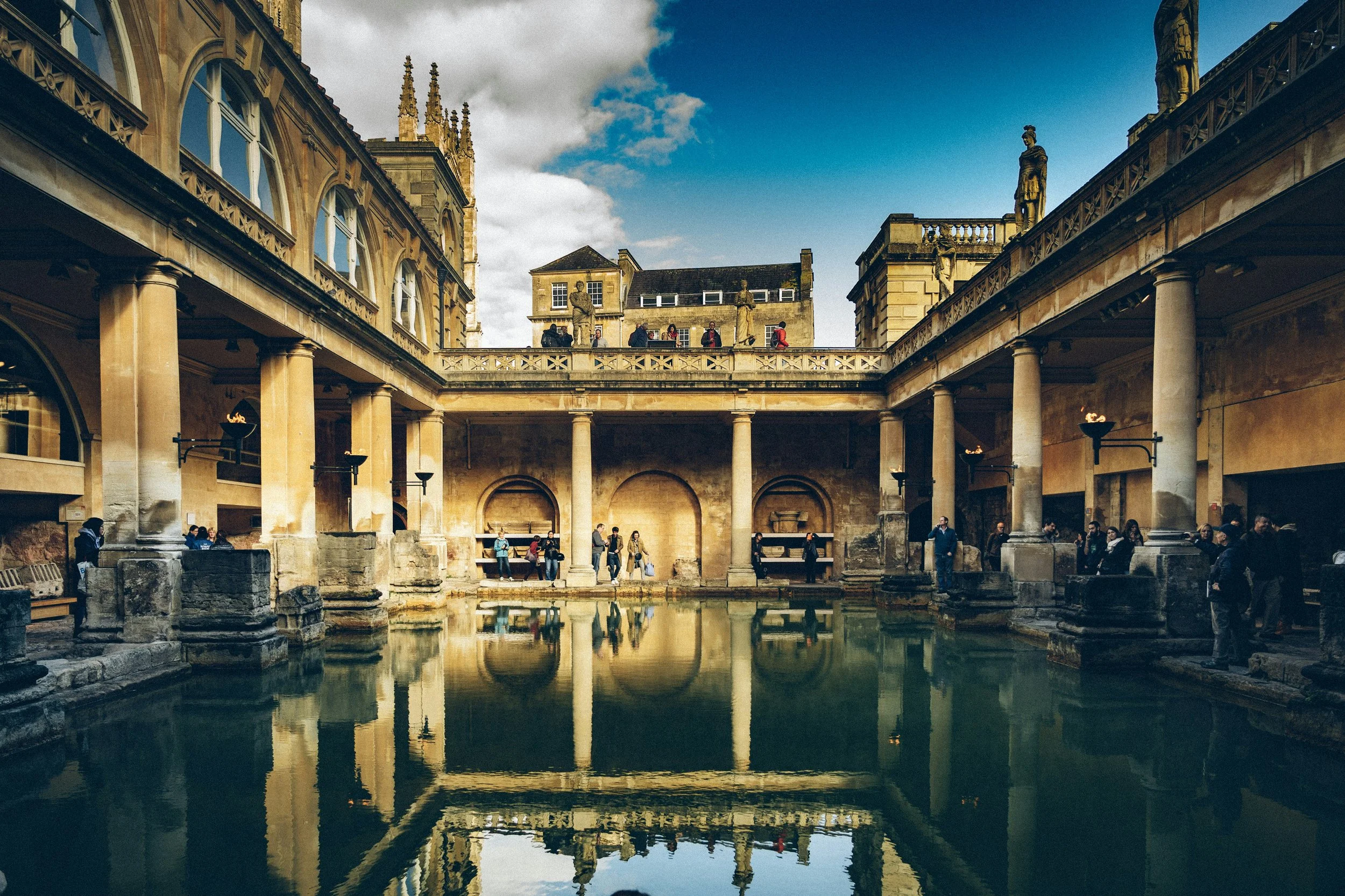 Bath — Roman Baths with the Abbey behind or the Royal Crescent at dawn