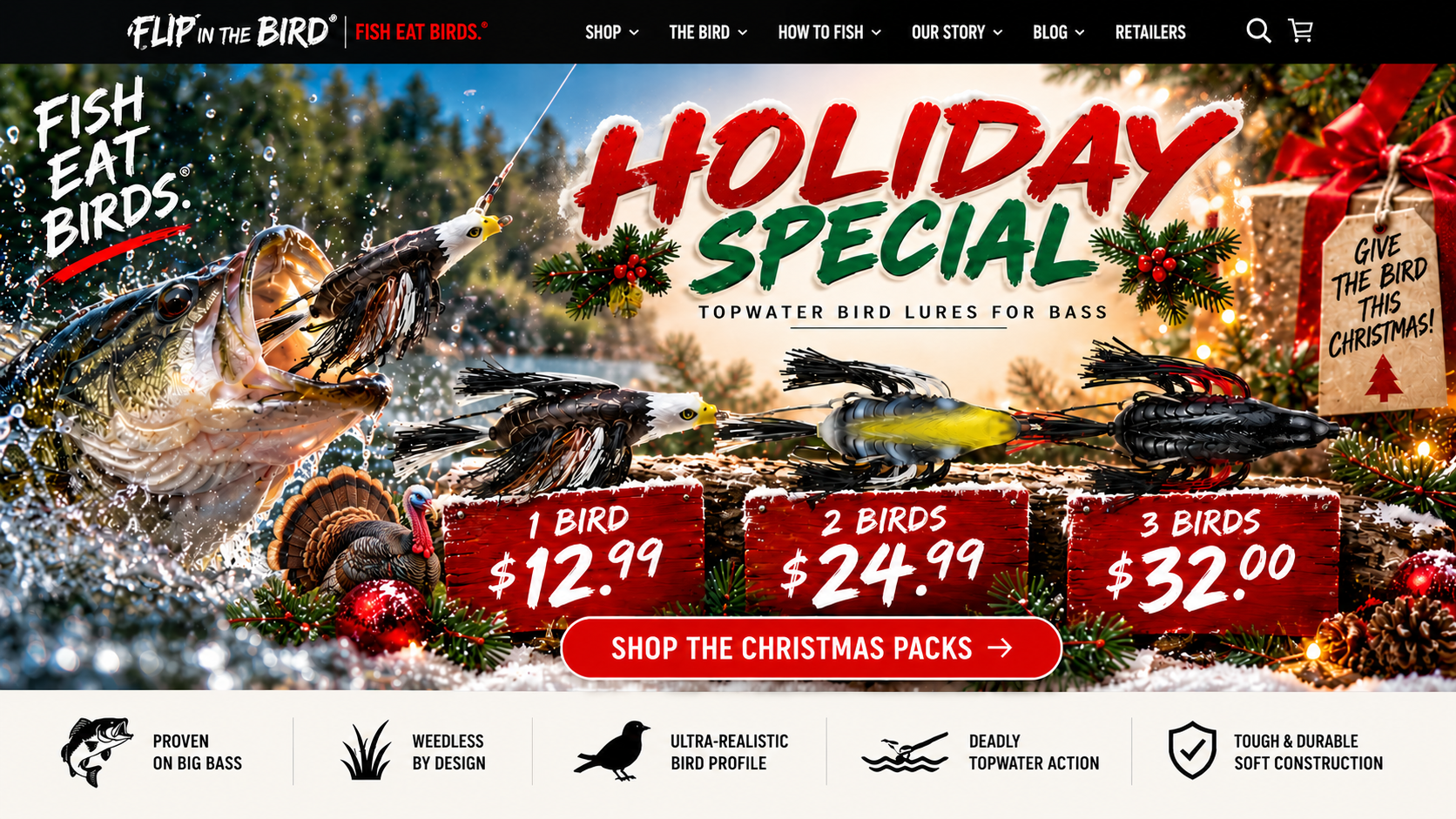 Holiday Special. Actual Flip In The Bird lures with a bass, a Thanksgiving turkey accent, Christmas greenery and gifts.