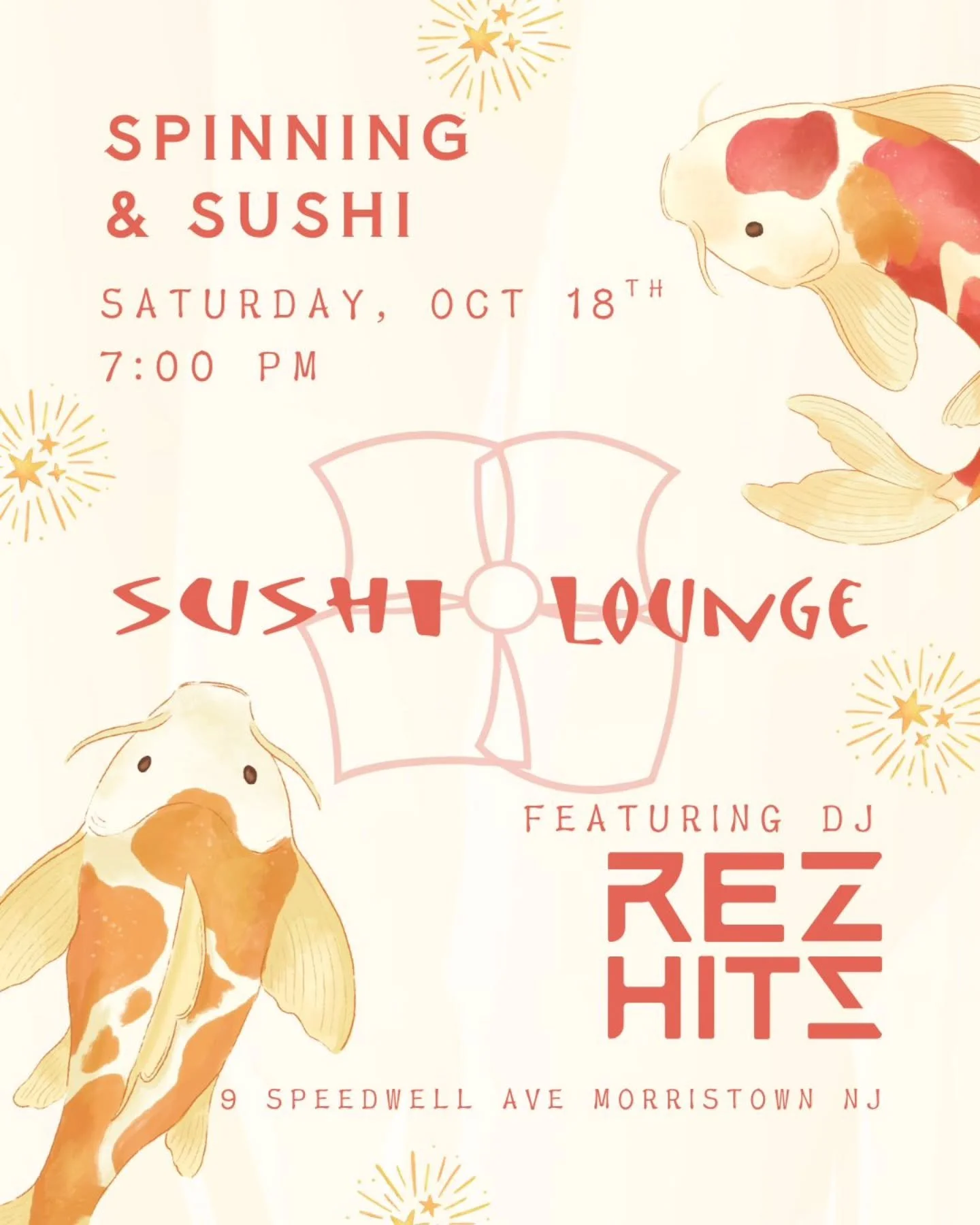 REZ HITS event flyer for Spinning & Sushi on October 18, 2025