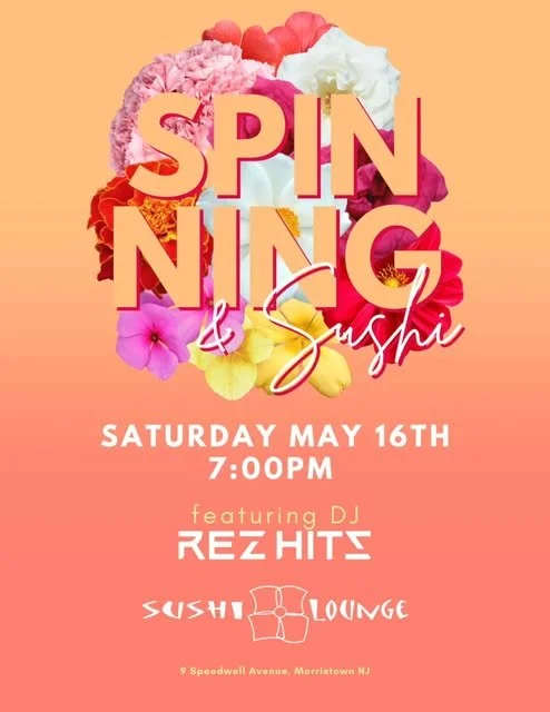 REZ HITS event flyer for Spinning & Sushi on May 16, 2026