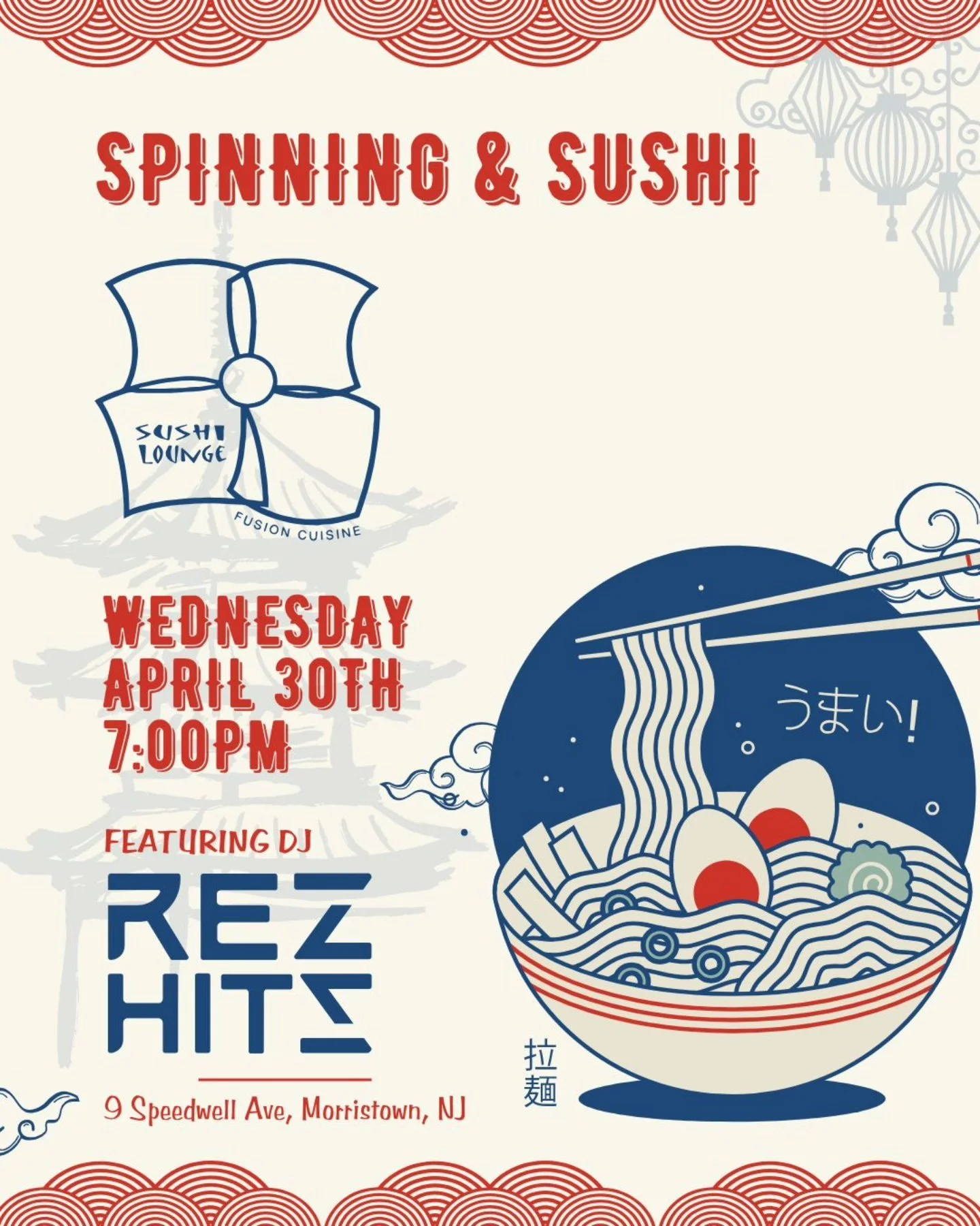 REZ HITS event flyer for Spinning & Sushi on April 30, 2025