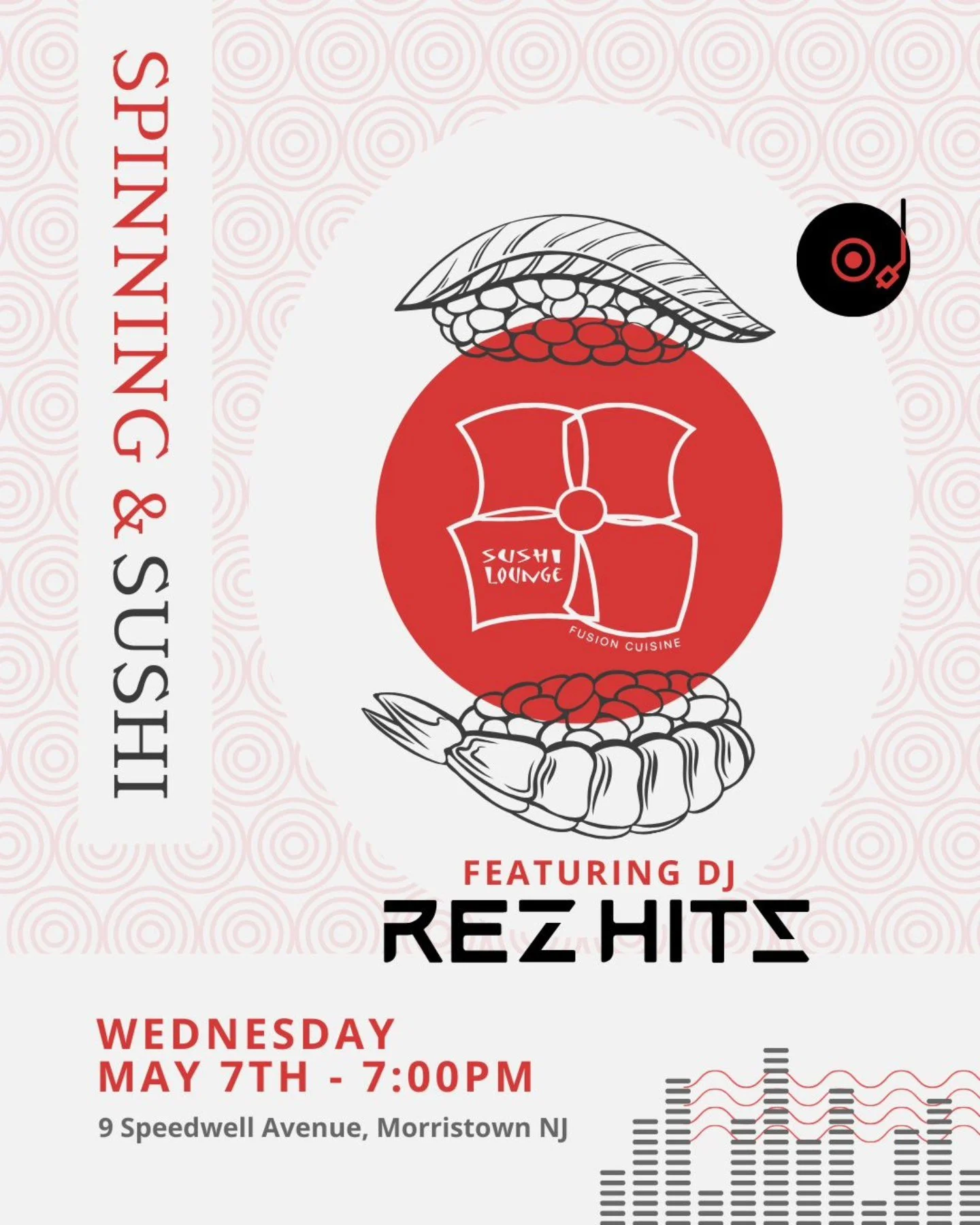 REZ HITS event flyer for Spinning & Sushi on May 7, 2025