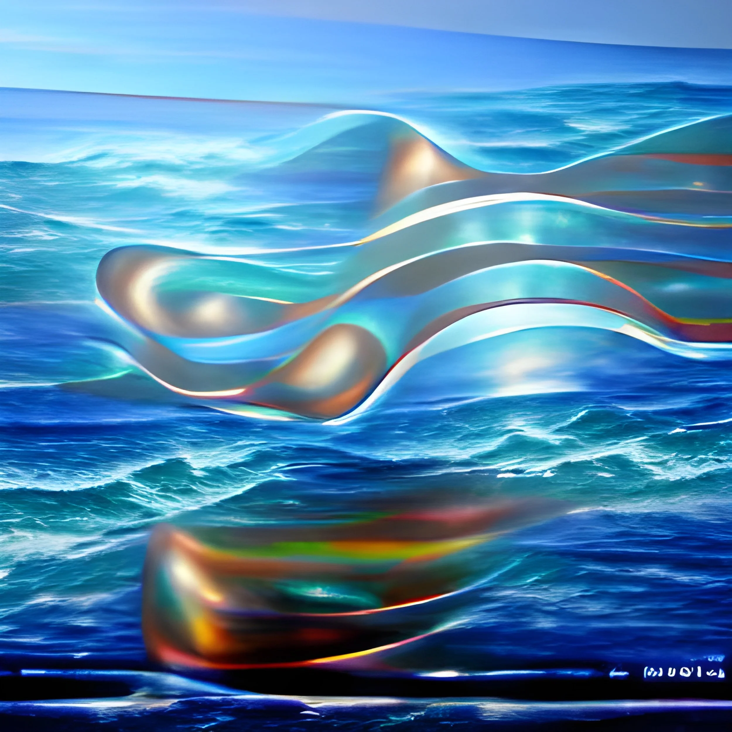 Resonance Waves: flowing metallic forms above a vivid blue ocean