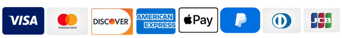 We accept Visa, Mastercard, Discover, American Express, Apple Pay, PayPal, Diners Club, and JCB