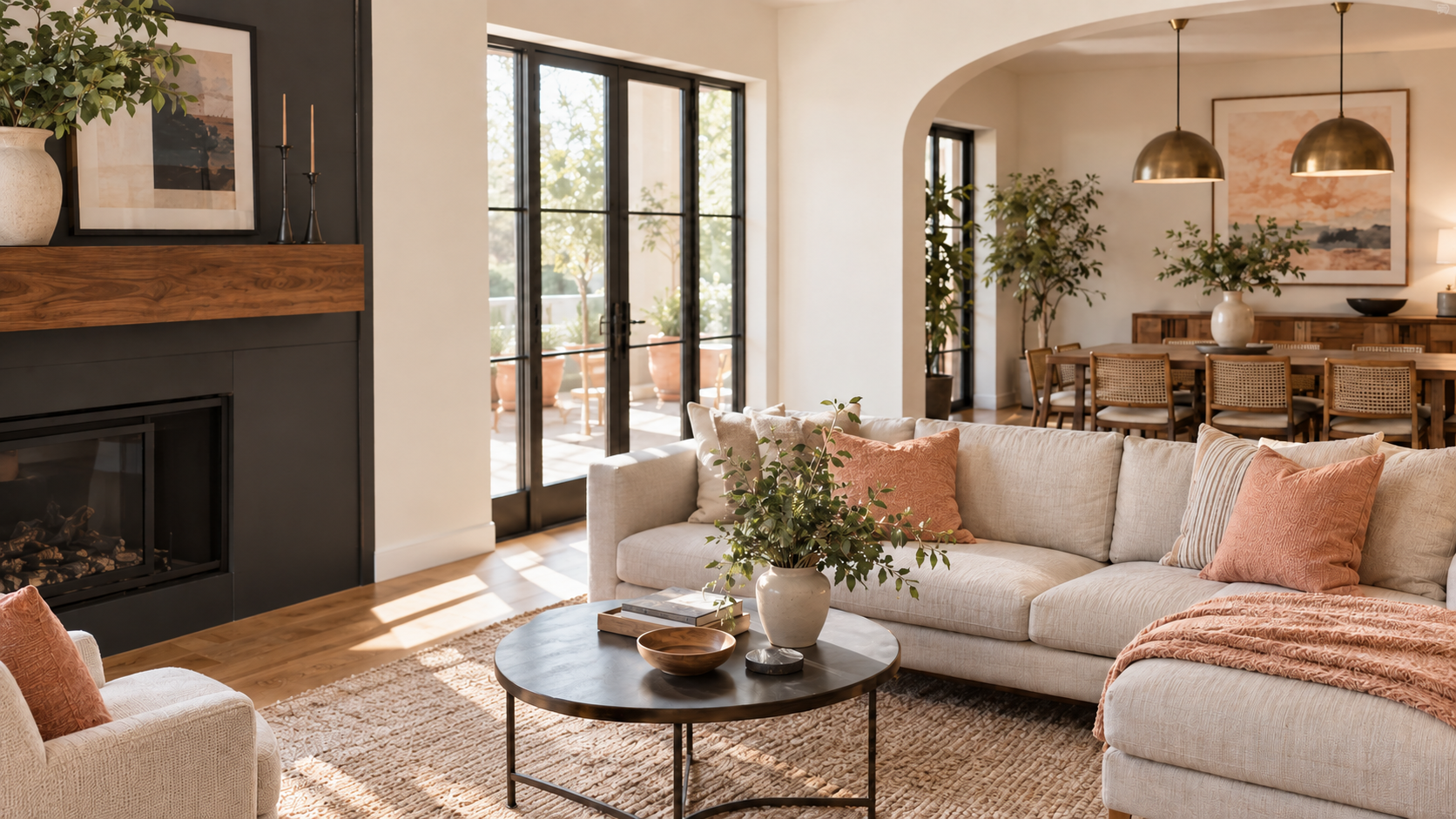 A warm, professionally styled furnished rental living room