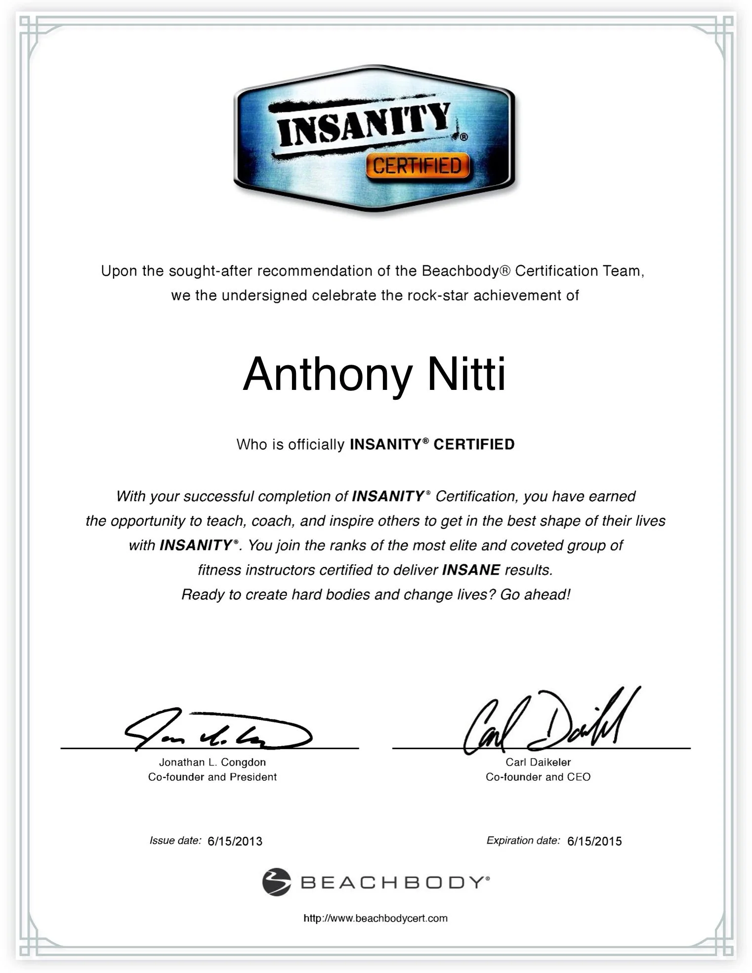 Insanity Shaun T certification