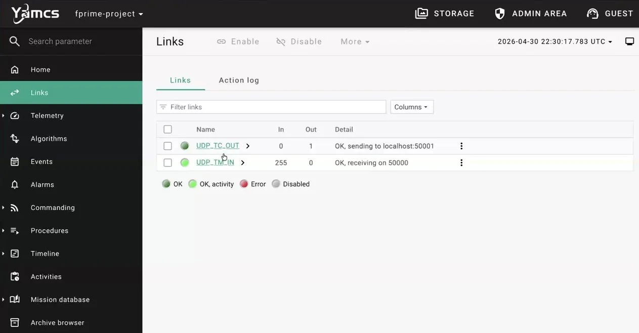 Yamcs web interface showing an F Prime project with UDP telemetry and telecommand links active