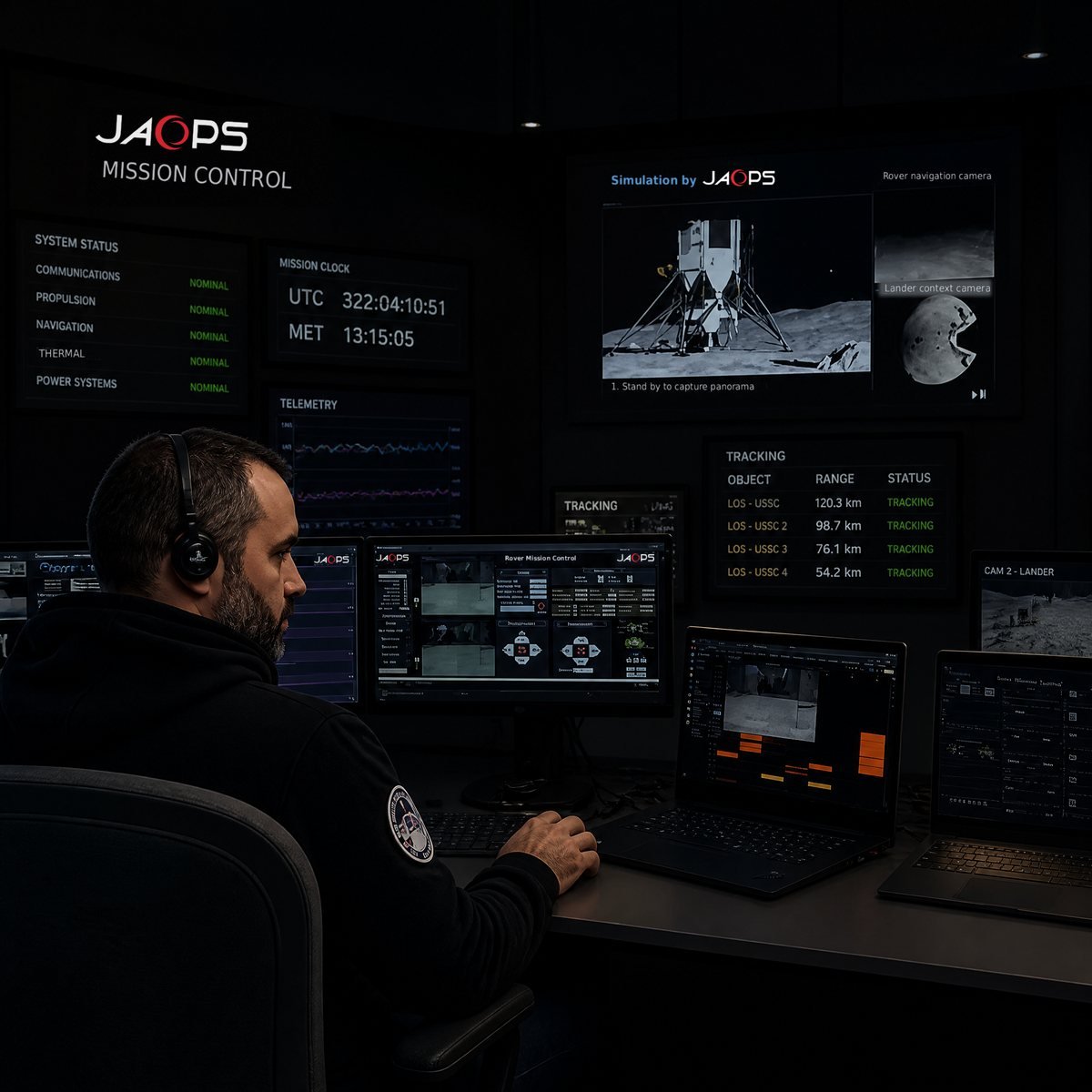 JAOPS mission control room with a flight controller on console during a lunar mission simulation