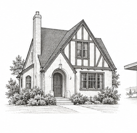Pencil drawing of a wood-framed Tudor Revival house in the East Bay