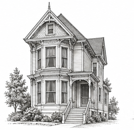 Pencil drawing of a wood-framed East Bay Victorian house