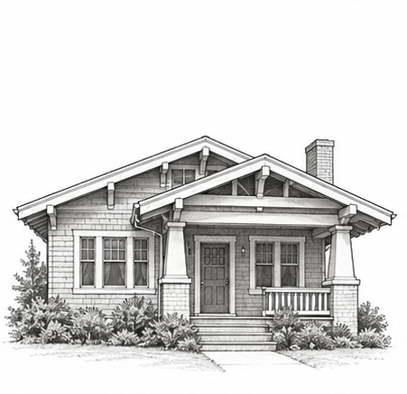 Pencil drawing of a California Craftsman bungalow