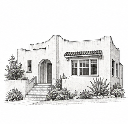 Pencil drawing of a 1920s flat-roof stucco house