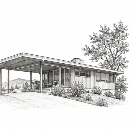 Pencil drawing of an East Bay Mid-century modern hillside house