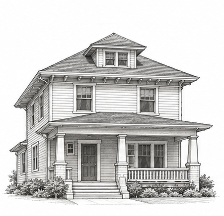Pencil drawing of an American Foursquare house