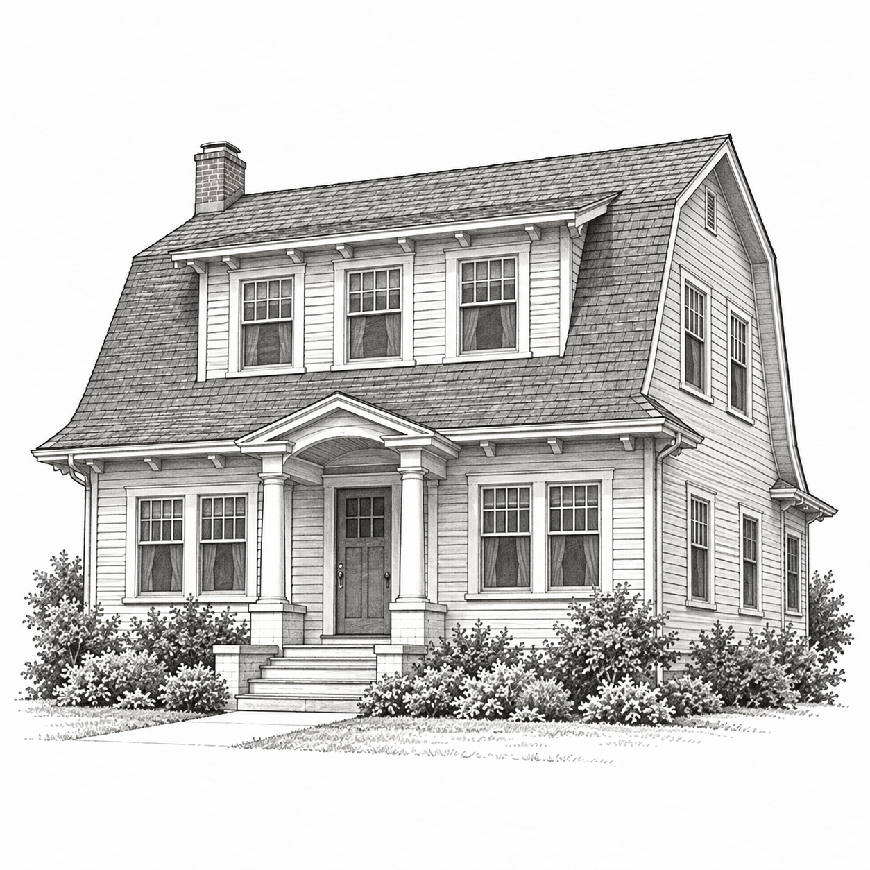 Pencil drawing of a wood-framed Dutch Colonial Revival house with a gambrel roof