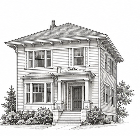 Pencil drawing of a wood-framed East Bay Edwardian house
