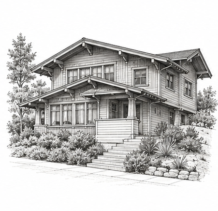 Pencil drawing of an East Bay Arts and Crafts house