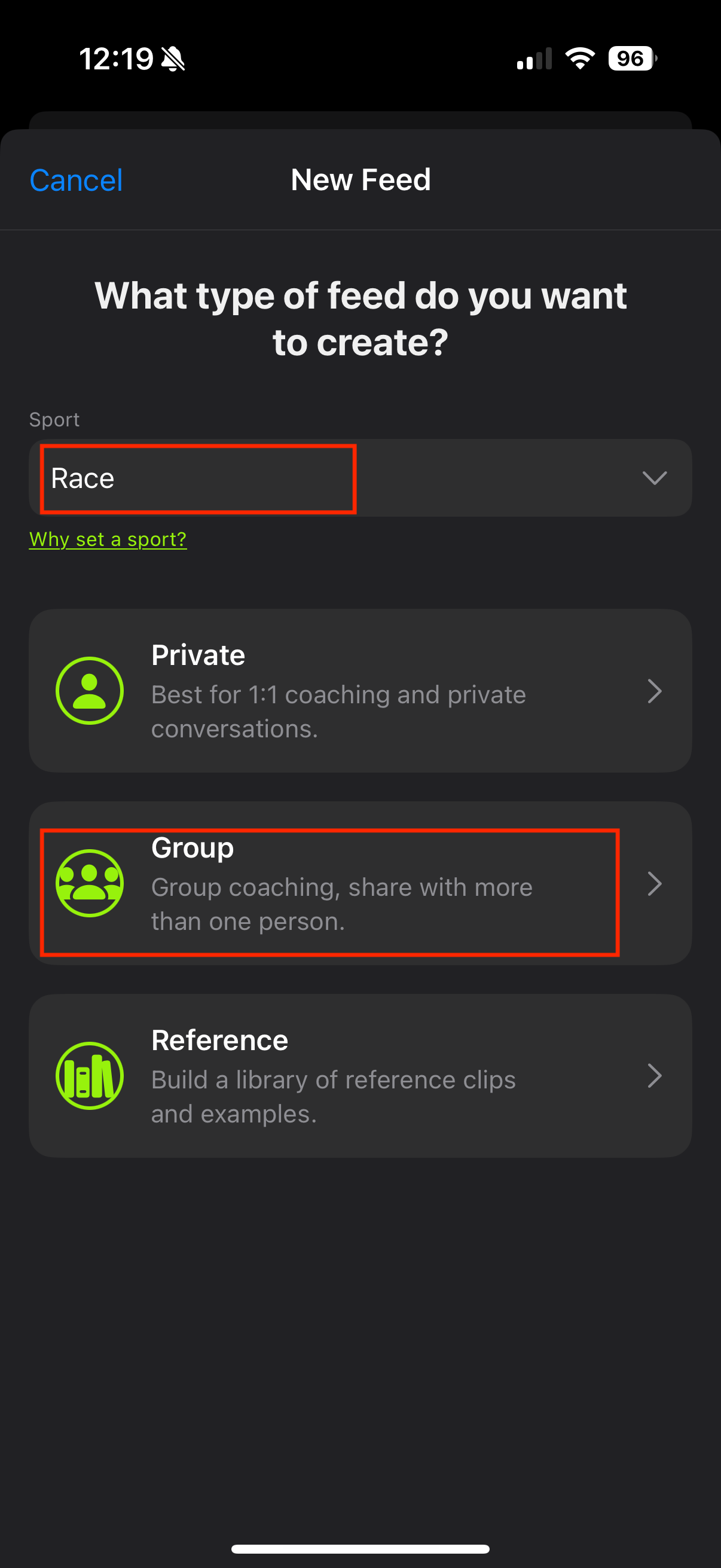 Choose the feed type and set the sport to Race