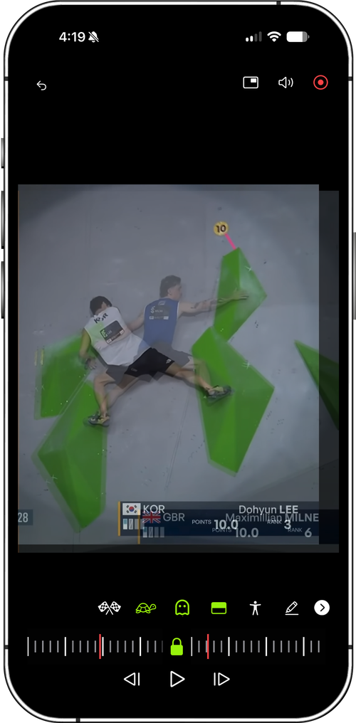 Ghost mode overlaying two boulderers on the same problem