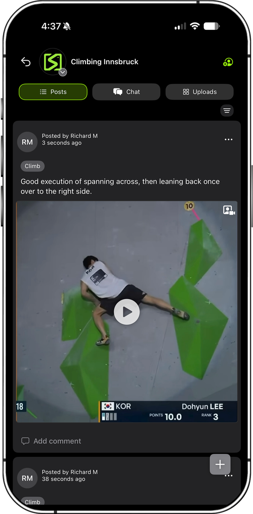 A clip posted into a climbing feed