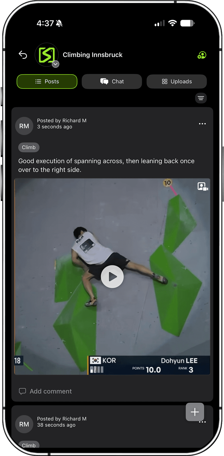 A climbing clip organized into its feed with the coach's feedback attached