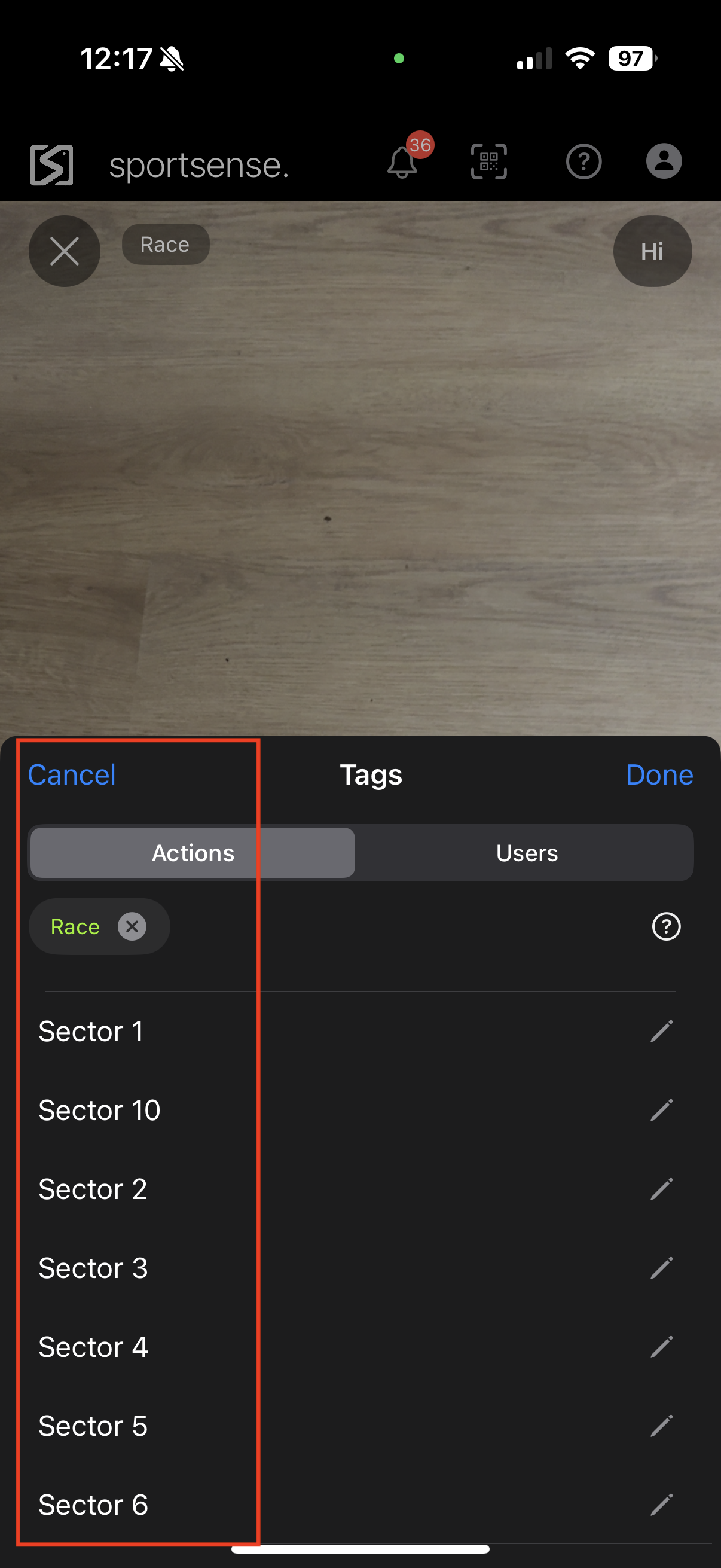 The tag icon at the bottom left of the camera opens the Actions list to set the sector