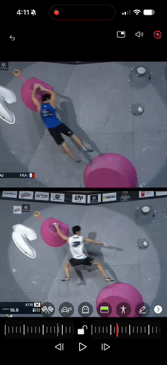 Two boulderers compared side by side on the same problem