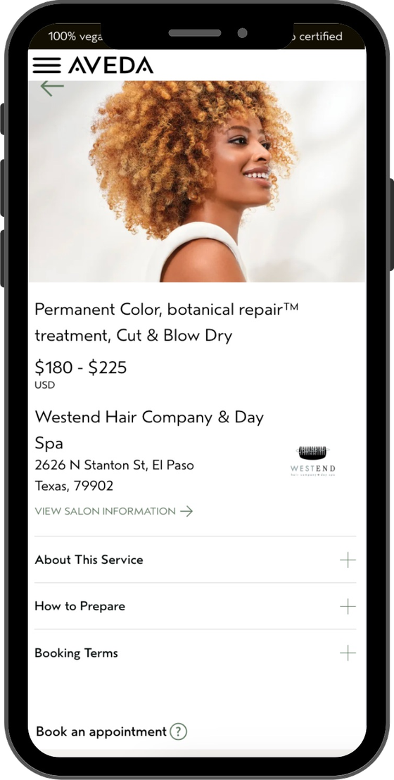 Service page with price and salon details