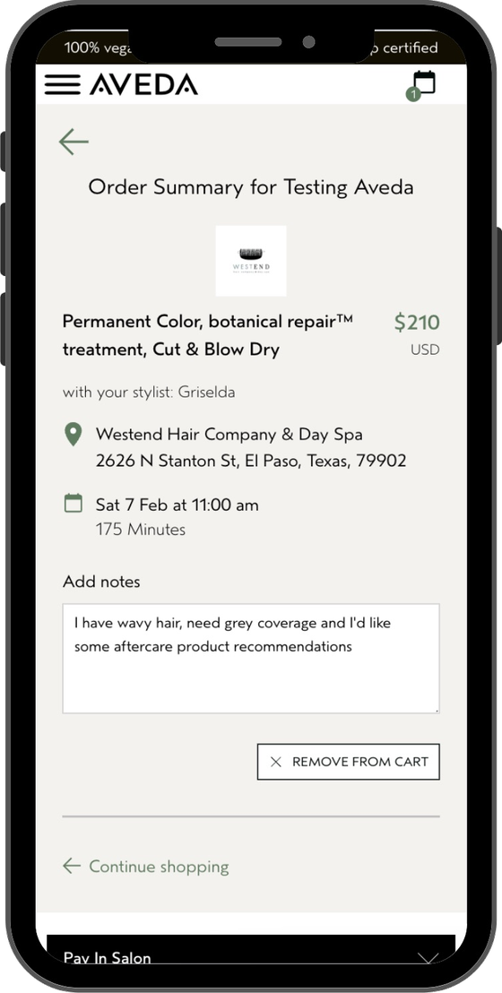 Order summary with booking notes