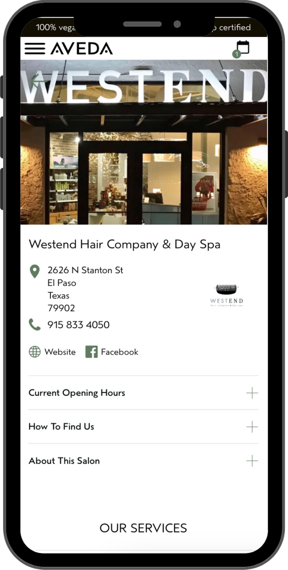 Aveda salon page for Westend Hair Company
