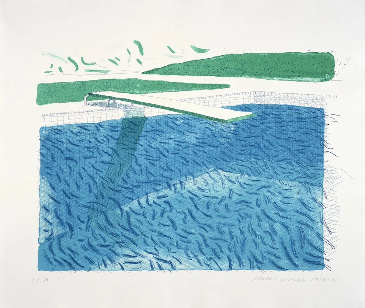 David Hockney, Lithographic Water Made of Lines, Crayon, and Two Blue Washes, 1978–1980