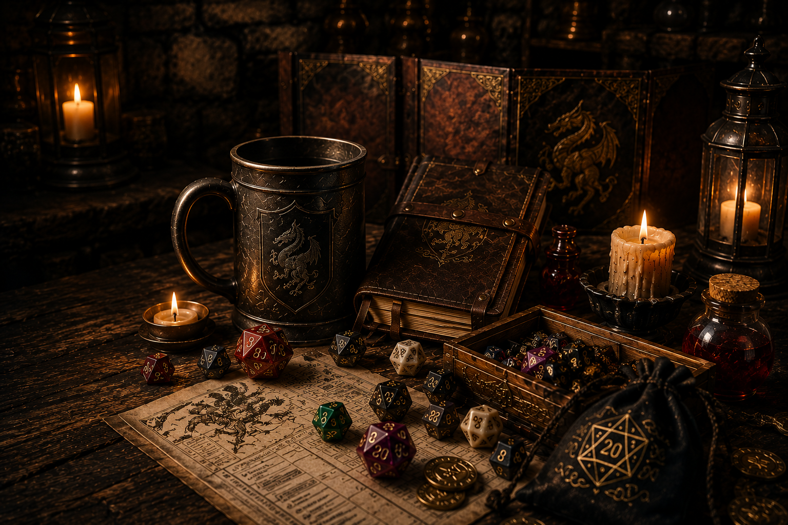 Dice, mugs, journals, candles, and tabletop gaming accessories