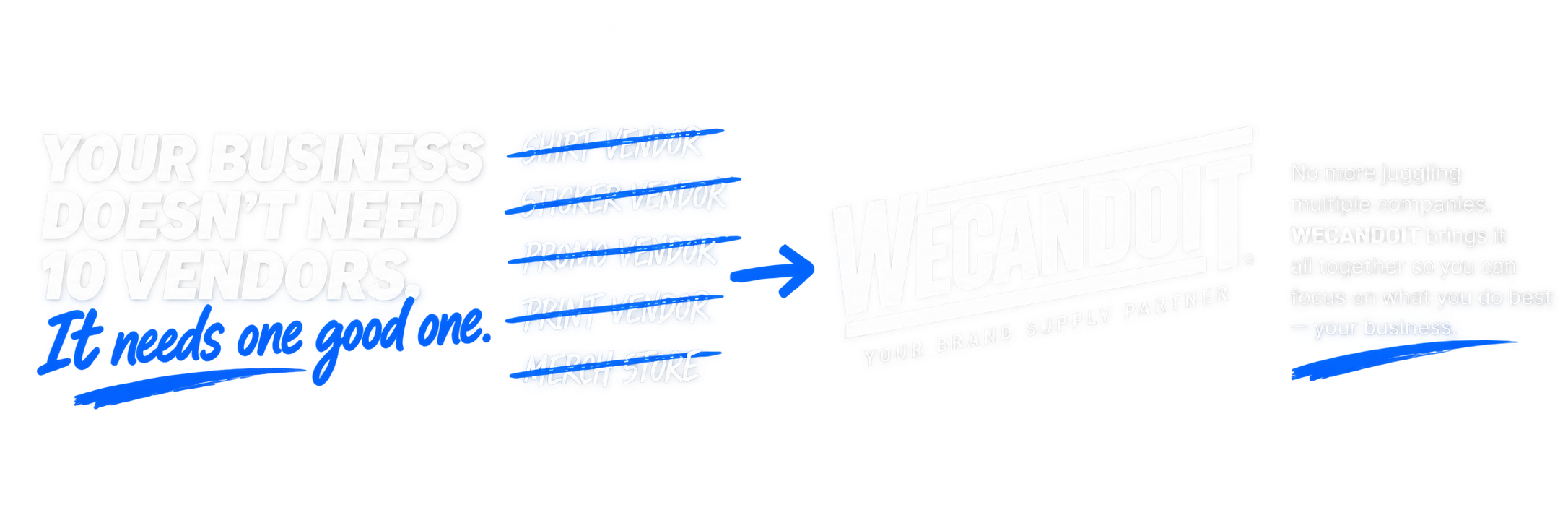 Your business doesn't need 10 vendors. It needs one good one. WECANDOIT — Your Brand Supply Partner.