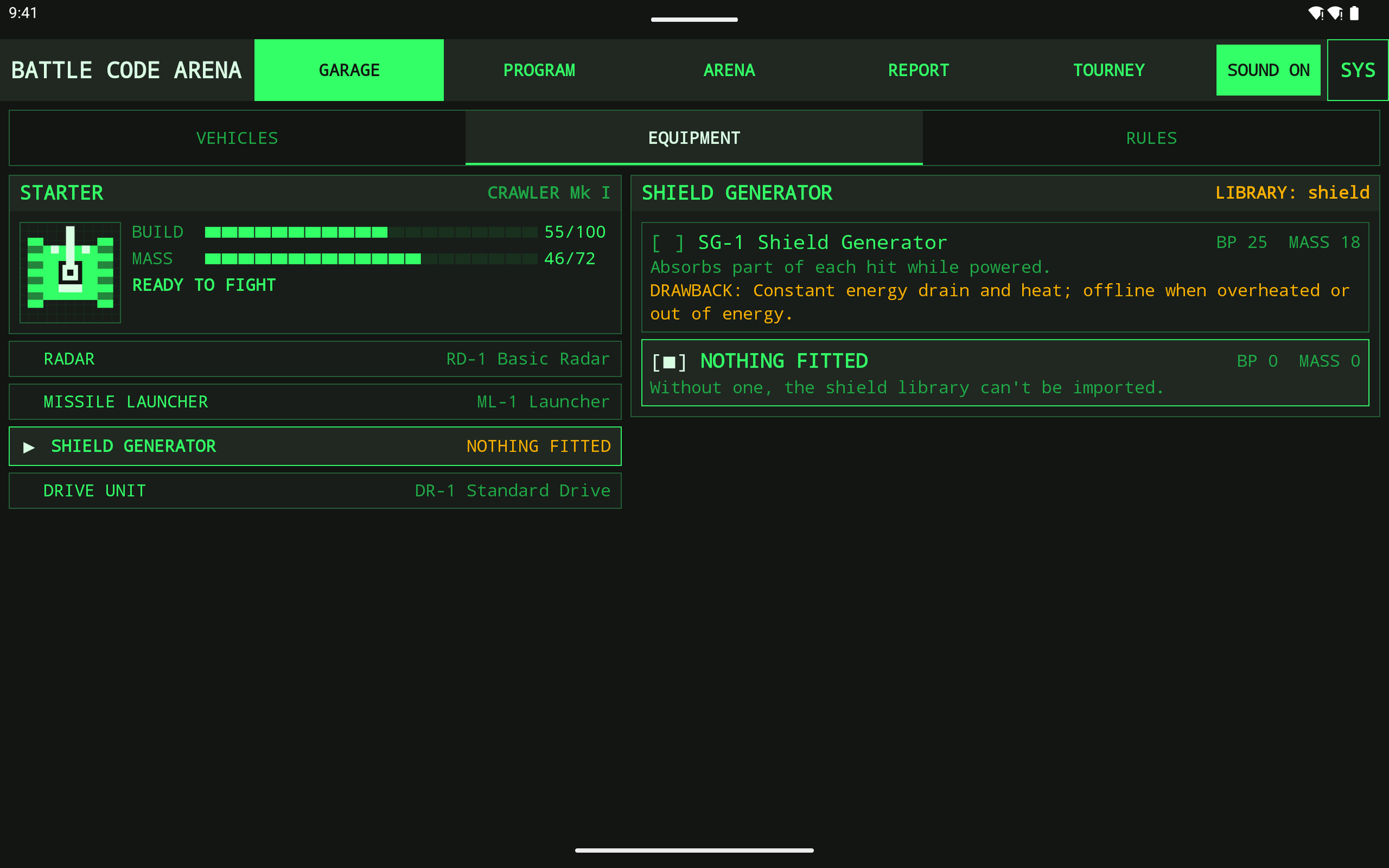 Battle Code Arena garage screen from the current tablet build.