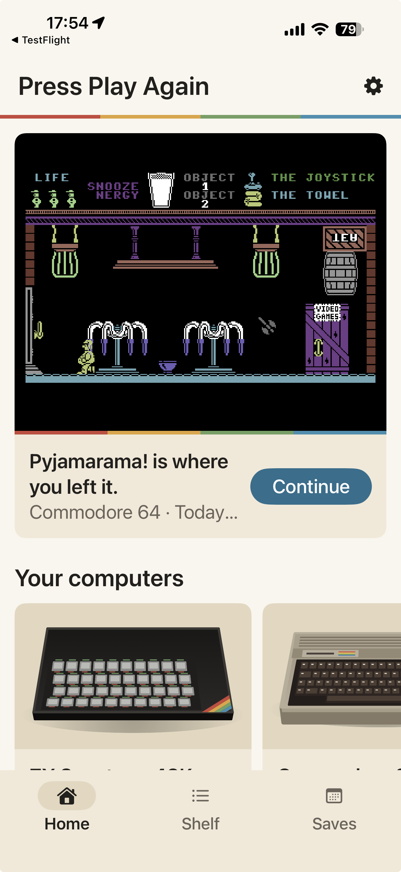 Press Play Again home screen showing a saved game and computer shelf