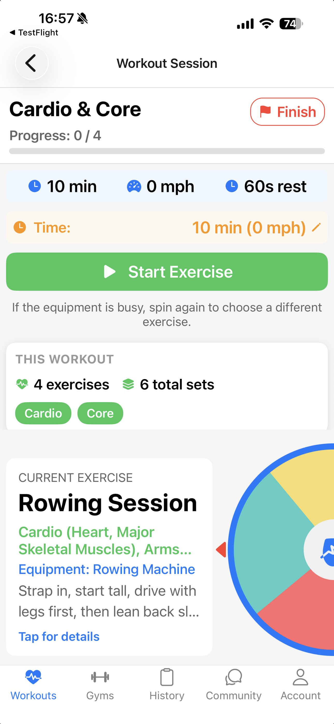 Gym Workout Spinner workout session with exercise details and the spinning wheel