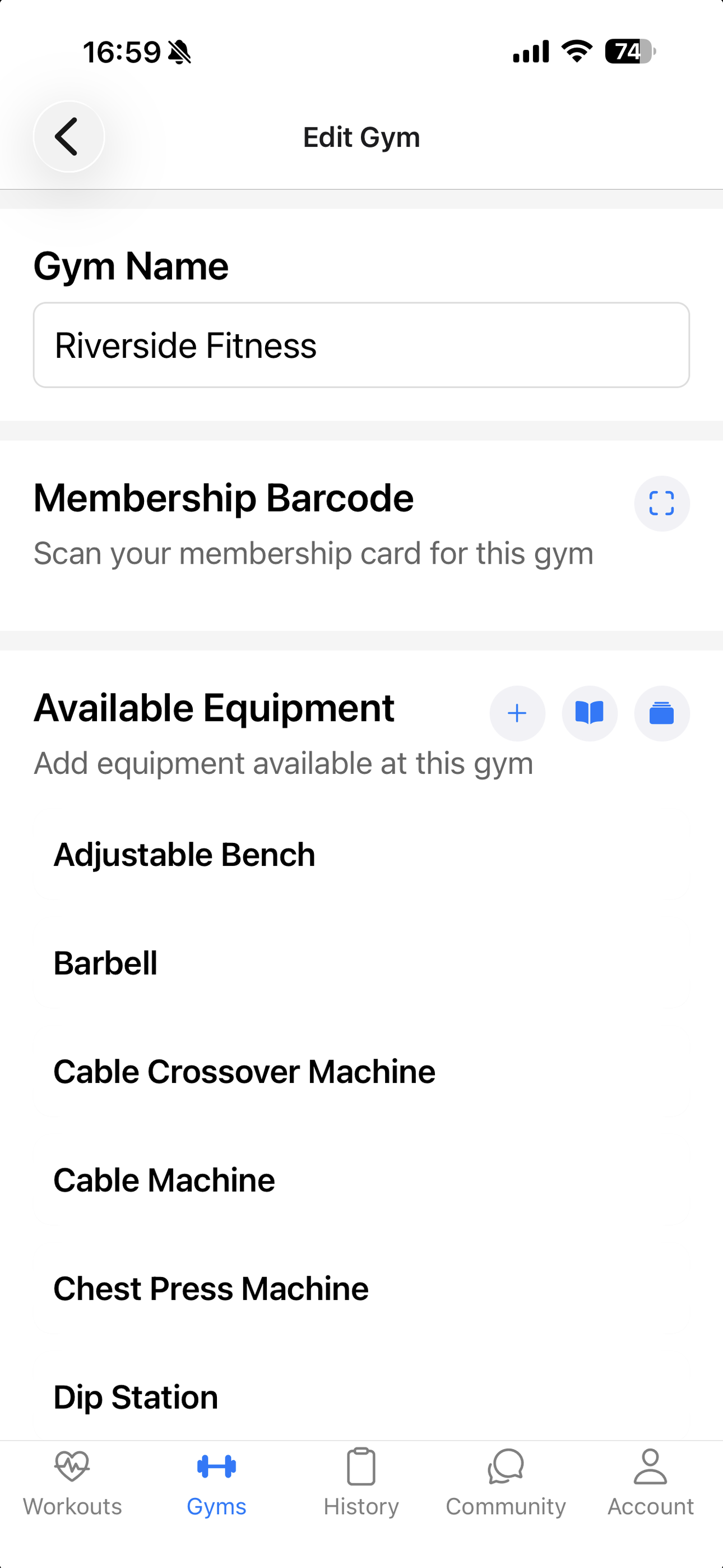 Gym equipment setup in the app