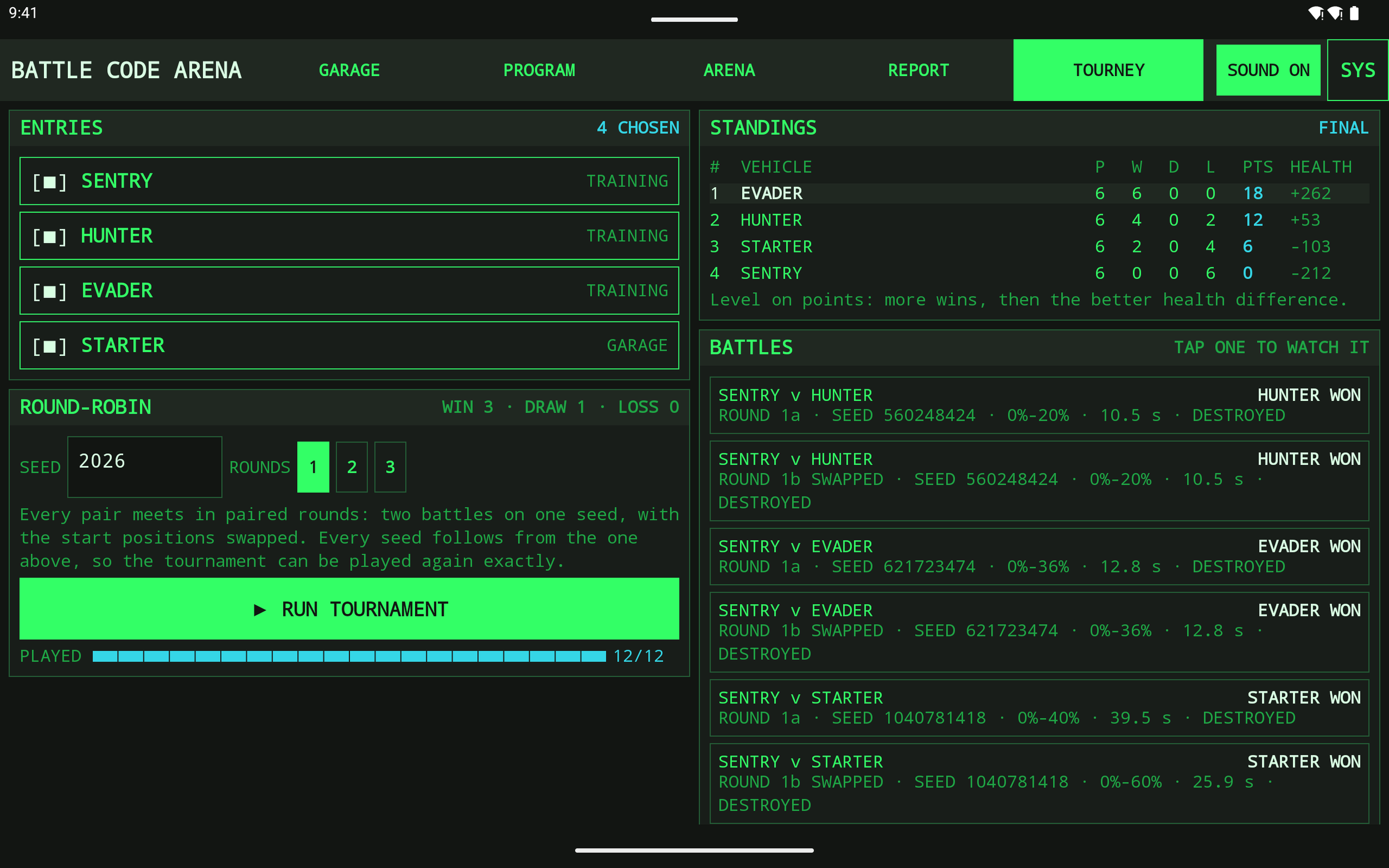 Battle Code Arena tourney screen from the current tablet build.