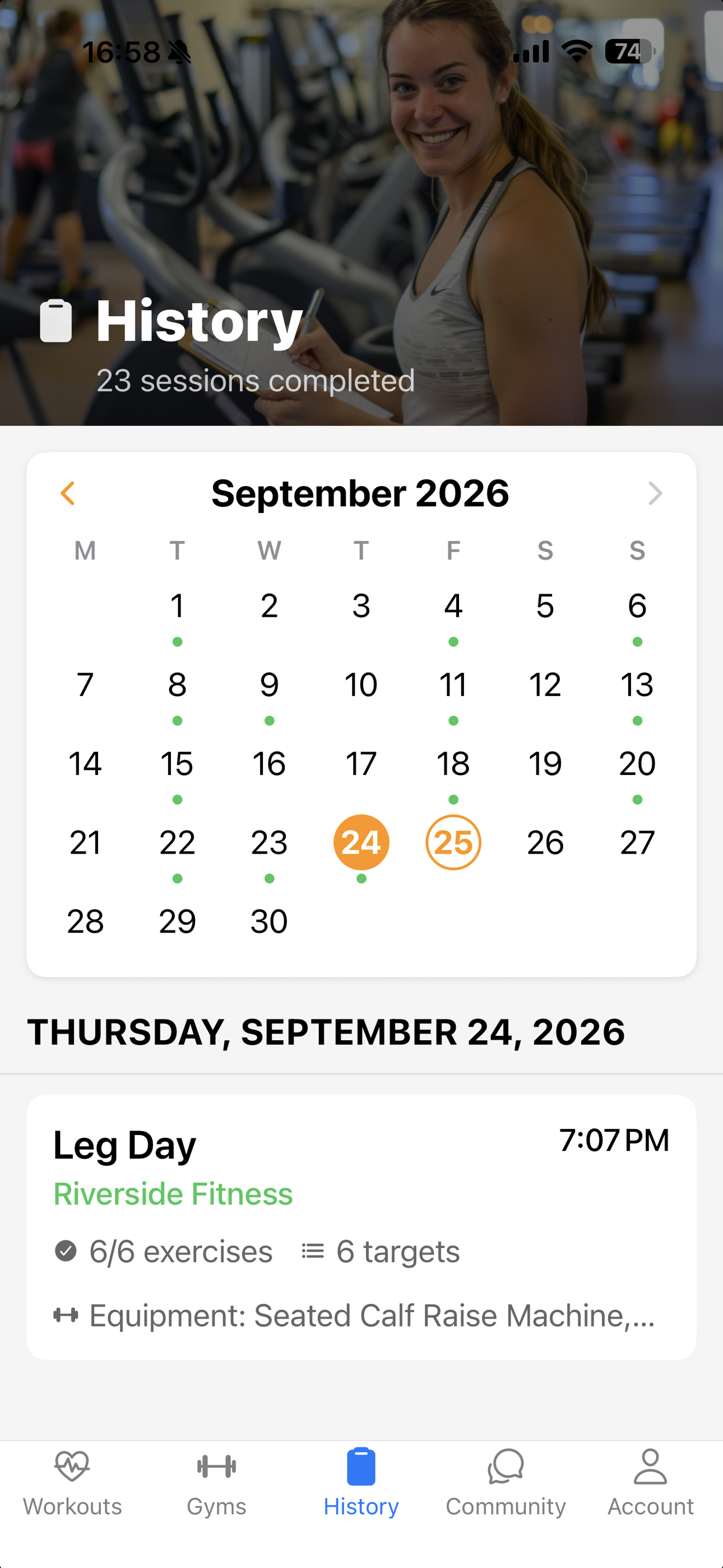 Workout history calendar