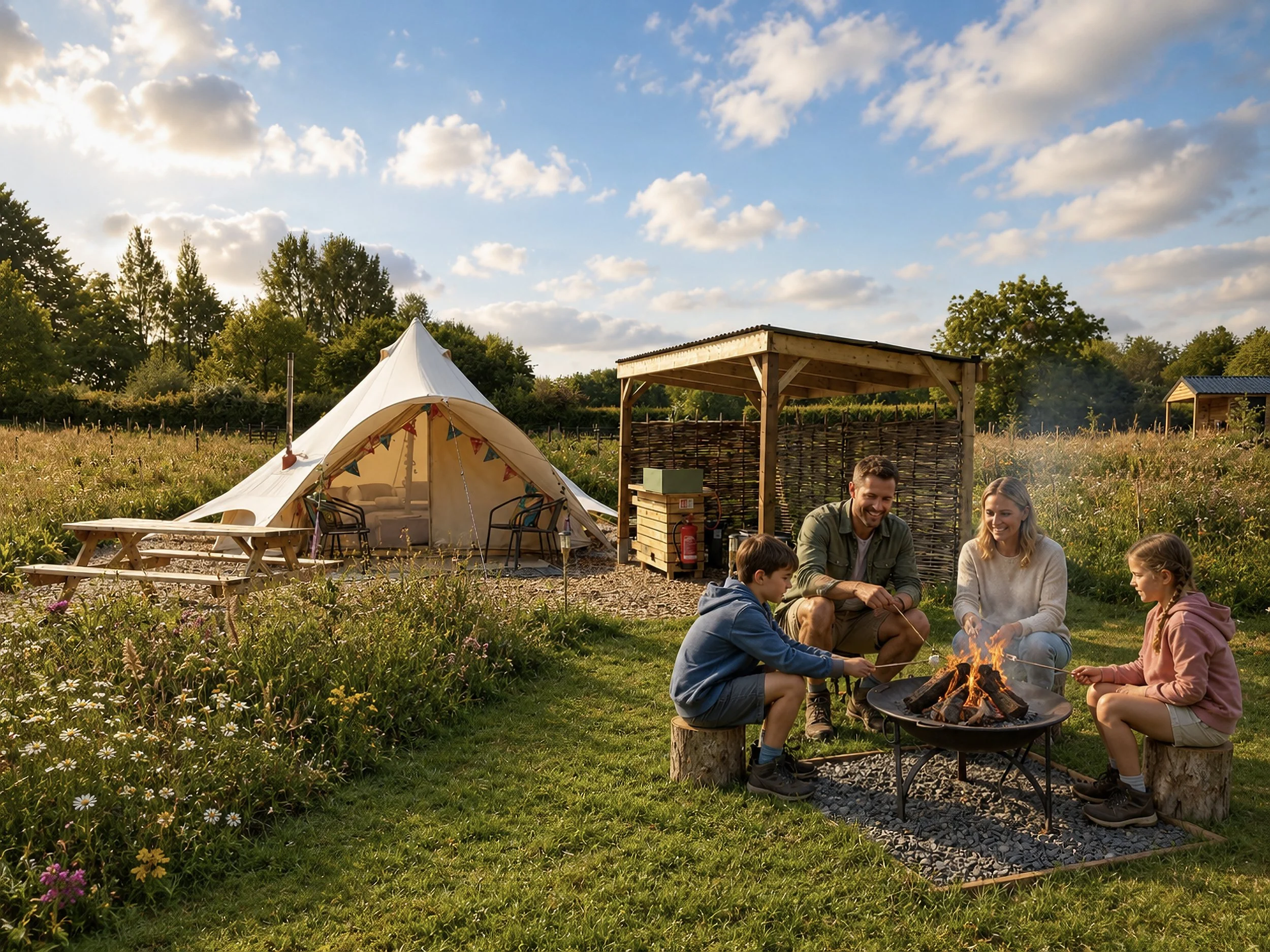 Family glamping near Foremark Reservoir in Derbyshire