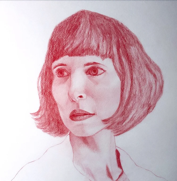 Red colored-pencil portrait drawing of a woman with a short bob haircut