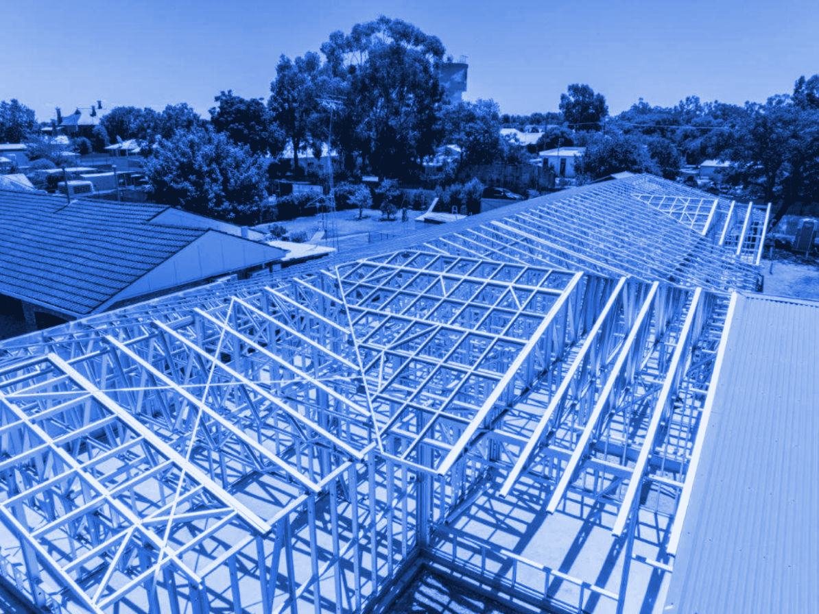 Steel roof trusses on a new home, made by Riverina Steel Frames