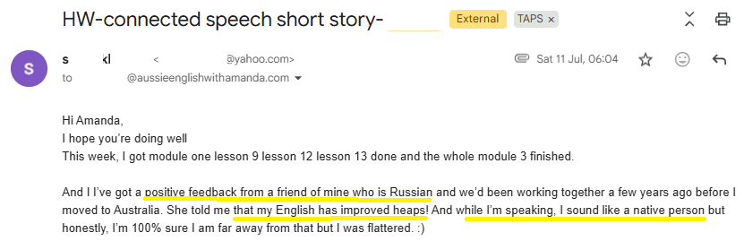 Screenshot of Sahar's email feedback about The Australian Pronunciation Studio