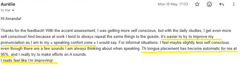 Screenshot of Aur&eacute;lie's email about her progress in The Australian Pronunciation Studio