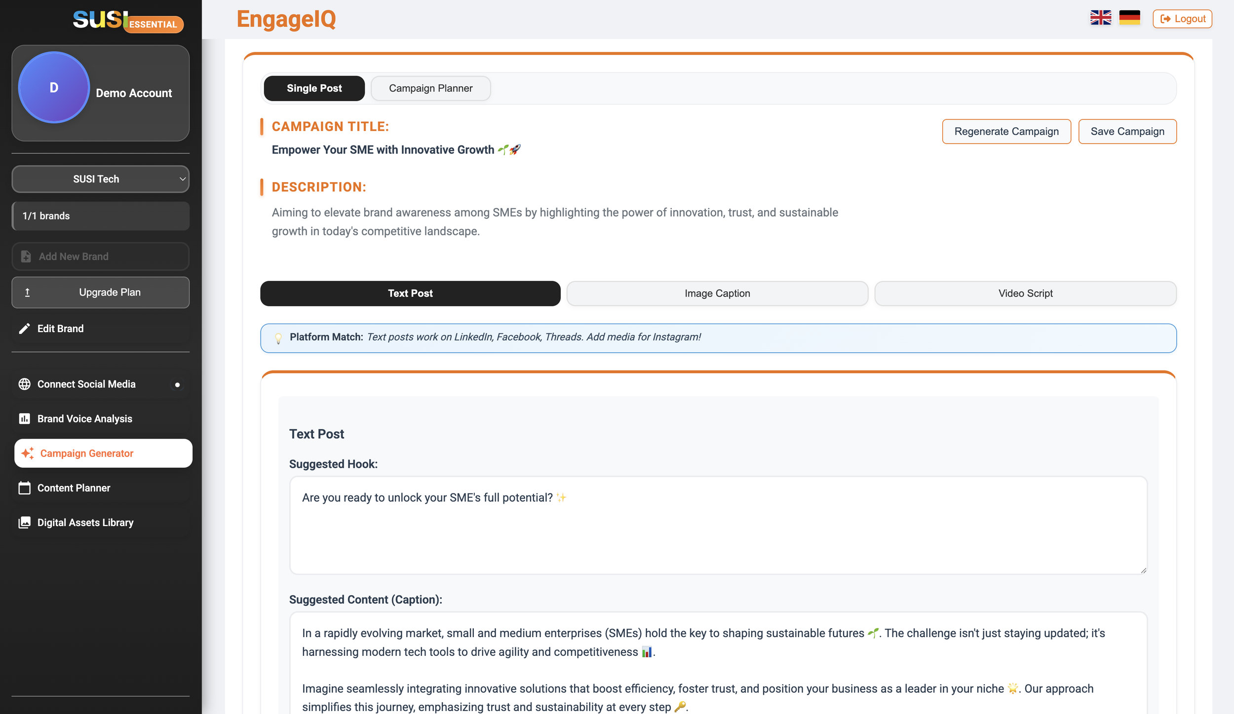 EngageIQ post generator interface
