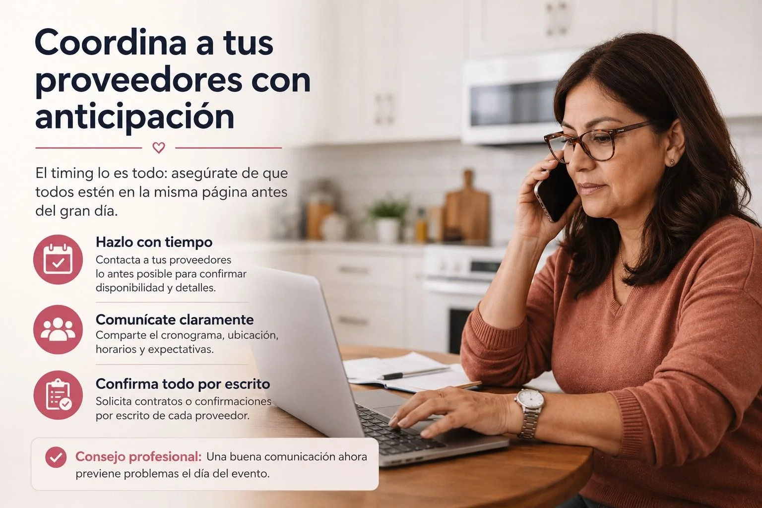Coordina a tus proveedores con anticipación — comparte el itinerario, la ubicación y los horarios con cada proveedor de tu quinceañera en DFW.